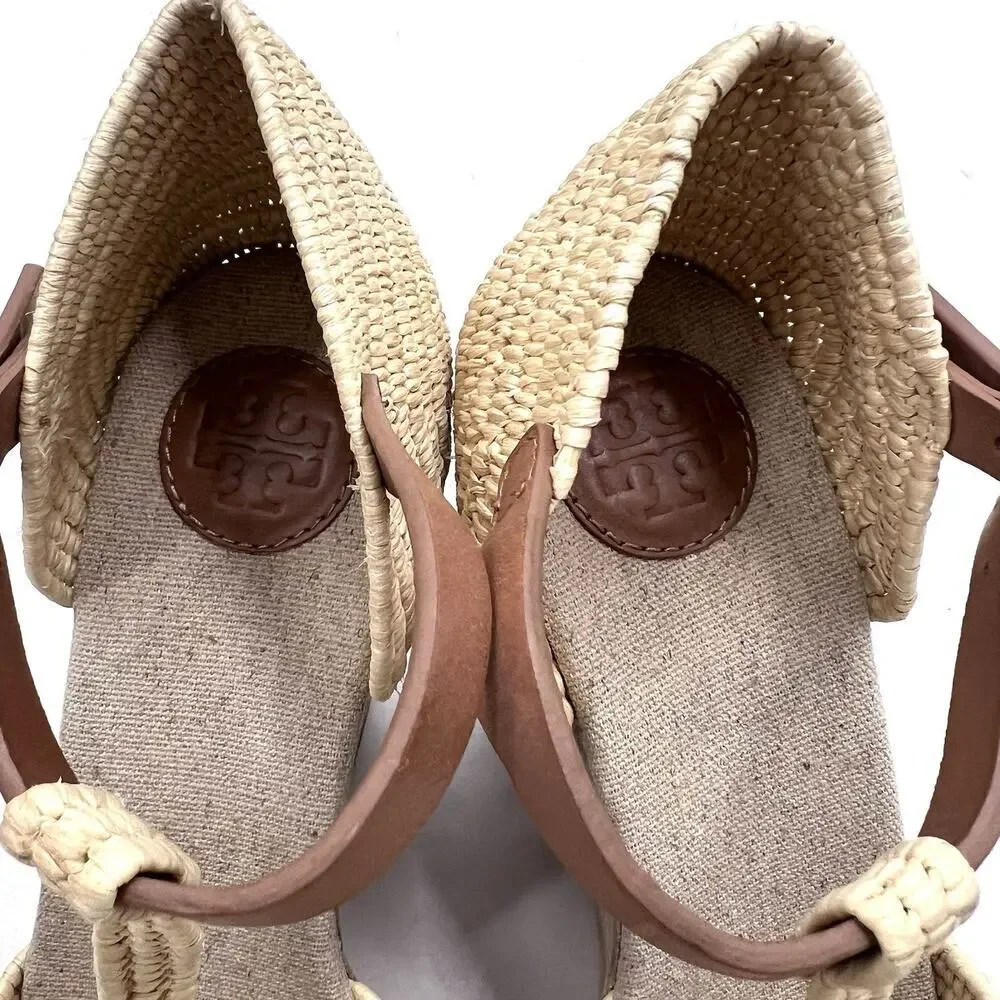 Tory Burch Natural Tan Beige Rattan Carina High Wedge Sandals Womens 8